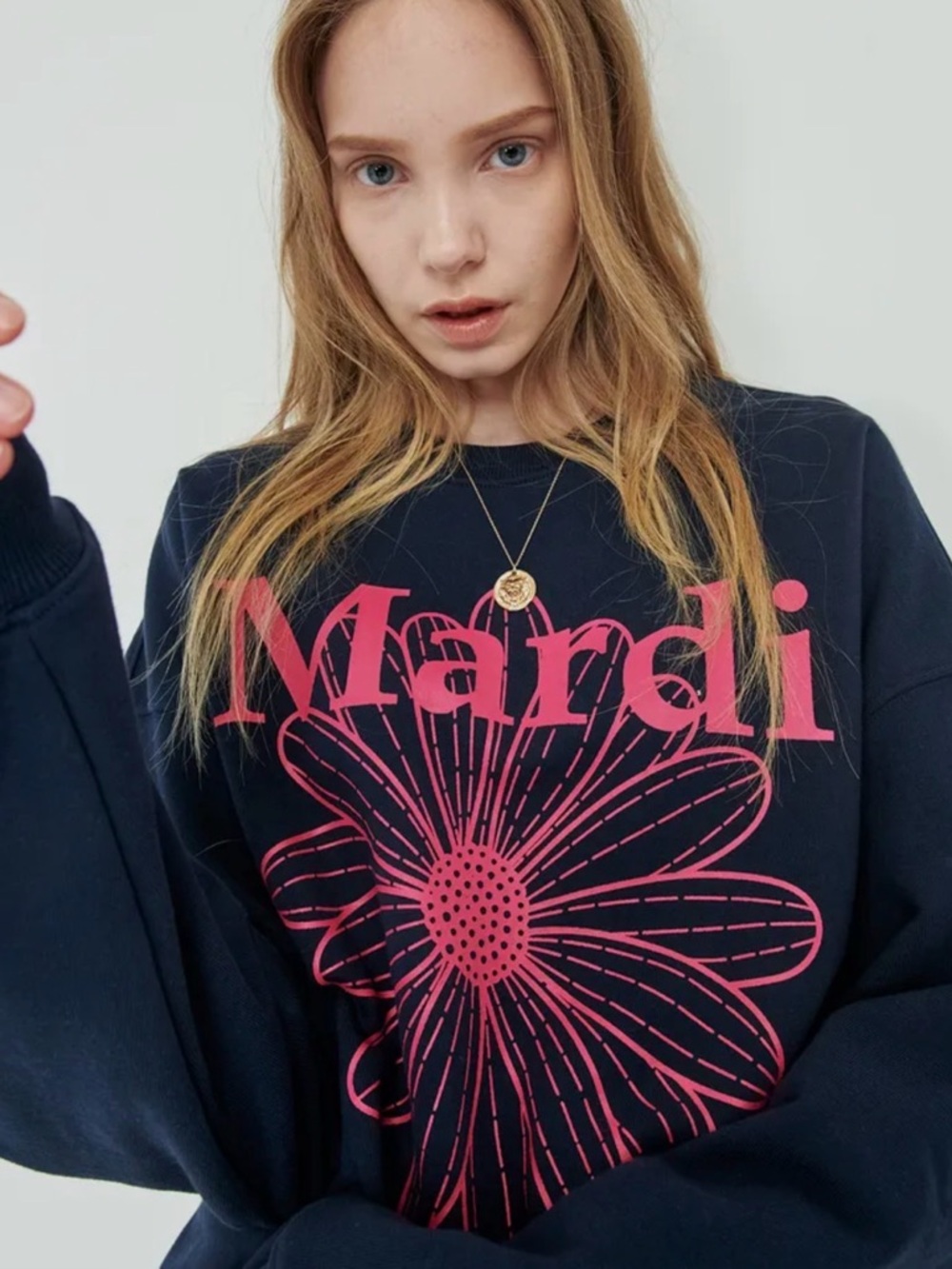 Mardi Navy Crewneck Sweater with Pink Floral Graphic